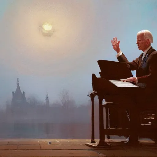 Prompt: masterpiece oil painting of Joe Biden playing the pipe organ at a church, by Greg Rutkowski, trending on artstation