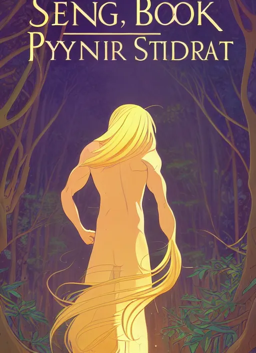 Image similar to book cover design, slender young man with long golden blond hair, shiny and sparkling, from behind, back shot, lost in a magical forest, natural lighting, path traced, highly detailed, high quality, cartoon, digital painting, by don bluth and ross tran and studio ghibli and alphonse mucha