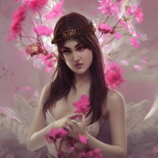 Image similar to sasha grey expressive full body photo, of beautiful angel, smooth glowing skin, ornate headpiece made from pink flowers, glamour shot, by yoshitaka amano, by greg rutkowski, by jeremyg lipkinng, by artgerm, digital art, octane render