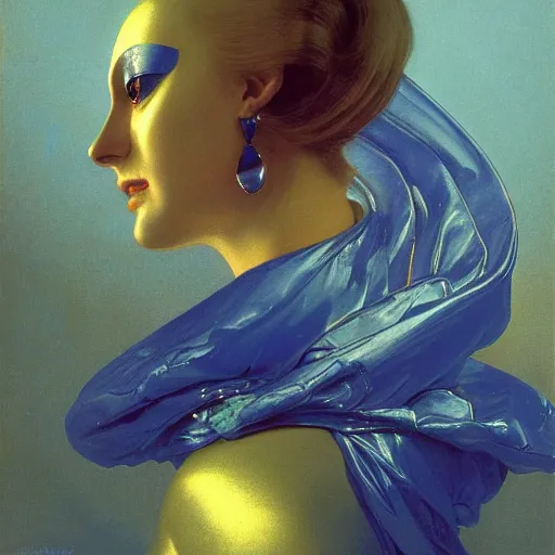 Prompt: a chrome woman's face in flowing sheets of cobalt blue gold chrome silver satin, by moebius syd mead roger dean wojciech siudmak donato giancola yoshitaka amano ivan aivazovsky jan de heem pieter claesz paul delaroche alma tadema aelbert cuyp willem claesz, hyperrealistic volumetric light render