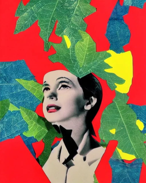 Image similar to collage, cut and paste, 1 9 6 0 s, 1 9 9 0 s, leafy, photoshop, brush strokes, primary colors, a woman's face