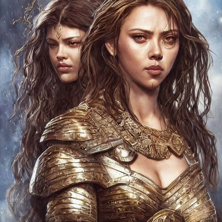 Image similar to scarlett johannson as an amazon warrior, a tall beautiful woman with brown skin and long hair, dressed in hellenistic body armor, intricate, elegant, highly detailed, smooth, sharp focus, detailed face, art by ardian syaf