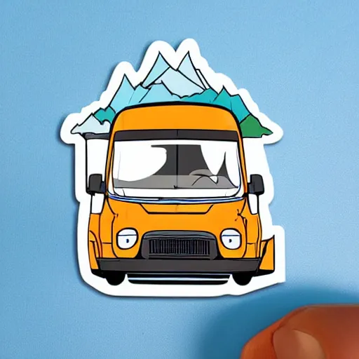 Image similar to a white and black cute thor chateau! motorhome camper!!, highway, mountains and sunset!!, very happy, colorful minimal vector art sticker by tom whalen