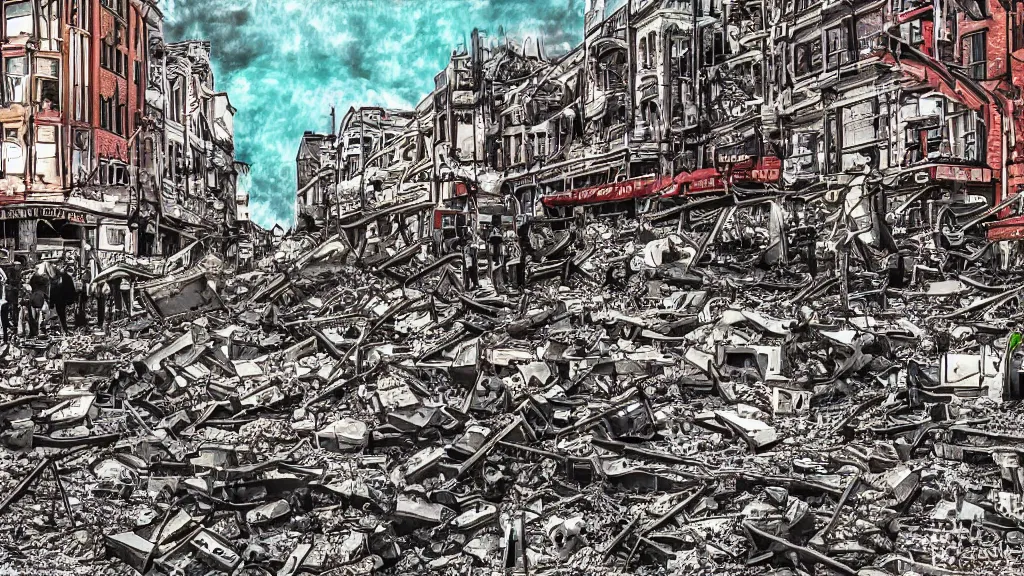 Prompt: the pain and chaos of a town being bombed on market sunday, digital art