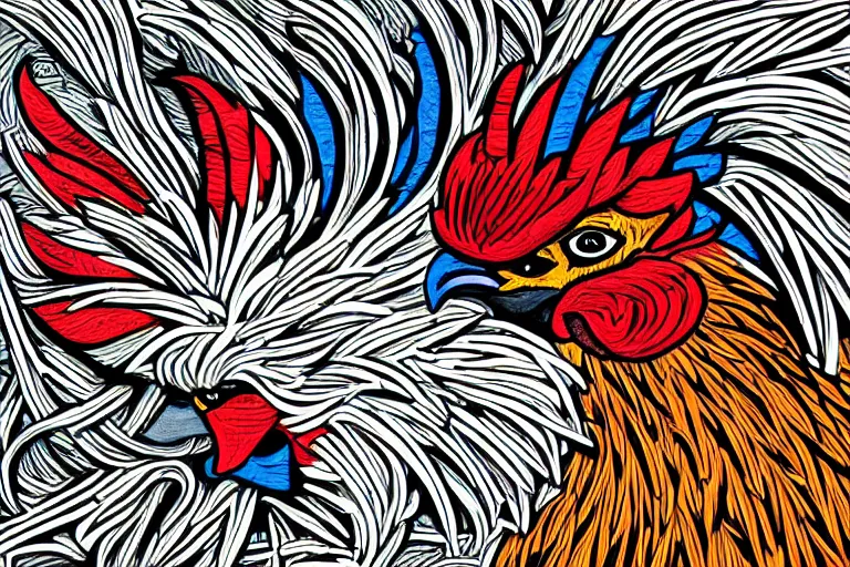 Image similar to illustration of an angry rooster, by willian santiago, intricate, detailed, sharp focus, lively colors