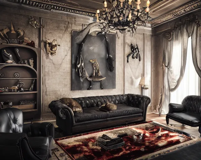 Prompt: ultra wide - angle photography of rich man's house, leather sofa, antler chandelir, hunting trophies, unreal engine, darkslategray wall, ultra details, luxury, interior design, 8 k