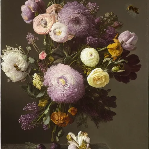 Image similar to still - life of bouquet of lilac and ranunculus with honeycomb bees and birds feathers, rachel ruysch, dark, moody