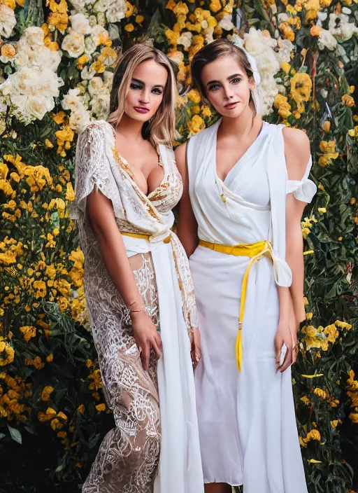 Image similar to portrait of lindsey pelas and emma watson wearing white kebaya and yellow silk belt, jakarta, by charlotte grimm, natural light, detailed face, beautiful features, symmetrical, canon eos c 3 0 0, ƒ 1. 8, 3 5 mm, 8 k, medium - format print,