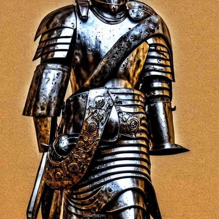 Image similar to photo of a warrior headless, akephaloi with metal blemmyae themed armour, highly detailed, hdr, smooth, sharp focus, high resolution, award - winning photo