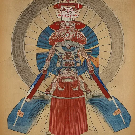 Image similar to a brilliantly colored Japanese scroll of an exploded diagram of a detailed engineering schematic of a cyborg samurai made by an AI in the pose vitruvian man in the style of jean giraud , post-processing , award winning, photo realistic, aged blood stains