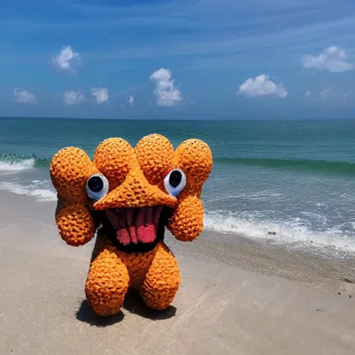 Image similar to a super adorable honeycomb monster crazy craving at the beach