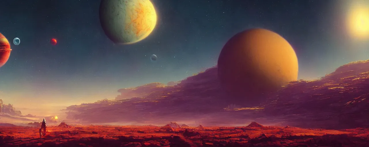 Prompt: ” outer planet with clear sky and vast plains, [ cinematic, detailed, epic, widescreen, opening, establishing, mattepainting, photorealistic, realistic textures, octane render, art by paul lehr ] ”