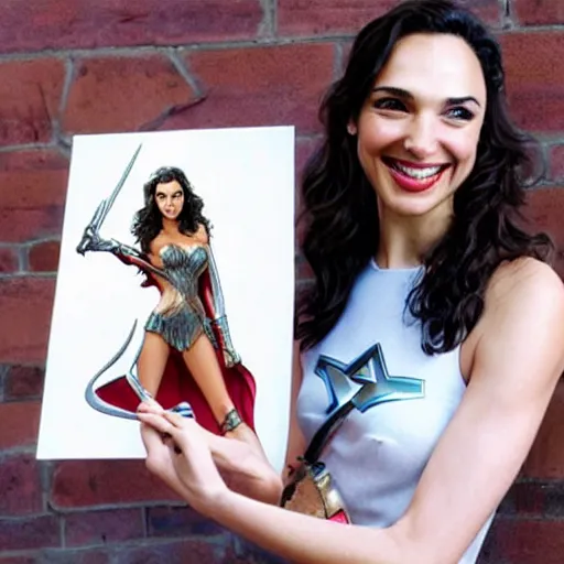 Image similar to Gal Gadot holding a sign that says M I T C H I E P O O !!!! as painted by Ralph Horsley