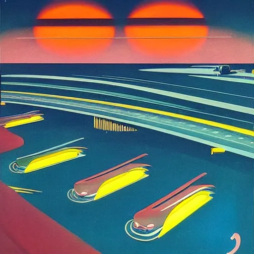 Image similar to a series of highways in outer space with cars on them, 1950s art deco poster, retrofuturism, edward hopper