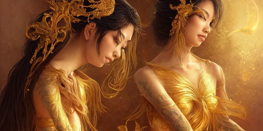 Image similar to asian nymph goddess, of bliss flowing golden silk twisting with elegant tattoos of cursive golden inked sigils on her opalescent skin, fantasy, intricate, very beautiful, elegant, golden light, highly detailed, art by artgerm and greg rutkowski and peter mordenbacher