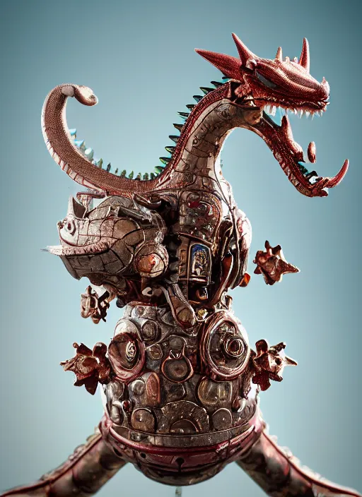 Prompt: closeup portrait of a tin toy fairytale dragon, depth of field, zeiss lens, detailed, symmetrical, centered, fashion photoshoot, by nicoletta ceccoli, mark ryden, lostfish, earl nore, hyung tae, frank frazetta, breathtaking, 8 k resolution, extremely detailed, beautiful, establishing shot, artistic, hyperrealistic, octane render