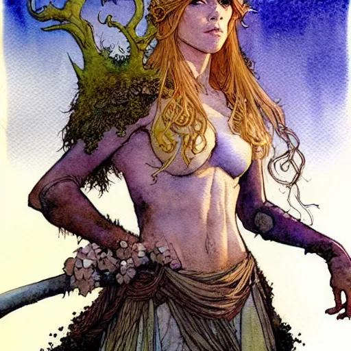 Prompt: a realistic and atmospheric watercolour fantasy character concept art upper body image of a young jane fonda in her 2 0 s posing as a druidic warrior wizard looking at the camera with an intelligent gaze by rebecca guay, michael kaluta, charles vess and jean moebius giraud