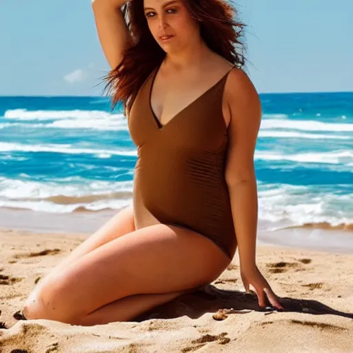 Image similar to a beautiful curvy woman with light brown hair lounging at the beach wearing a one - piece swimsuit