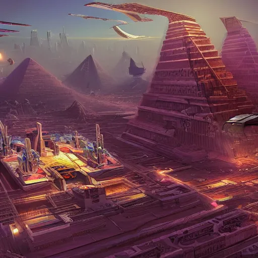 Prompt: an aerial scene of the beautiful intricate epic futuristic cybernetic sphinx in a cyberpunk pharaoh city, floating pyramids in the background, hyper detailed, cinematic lighting