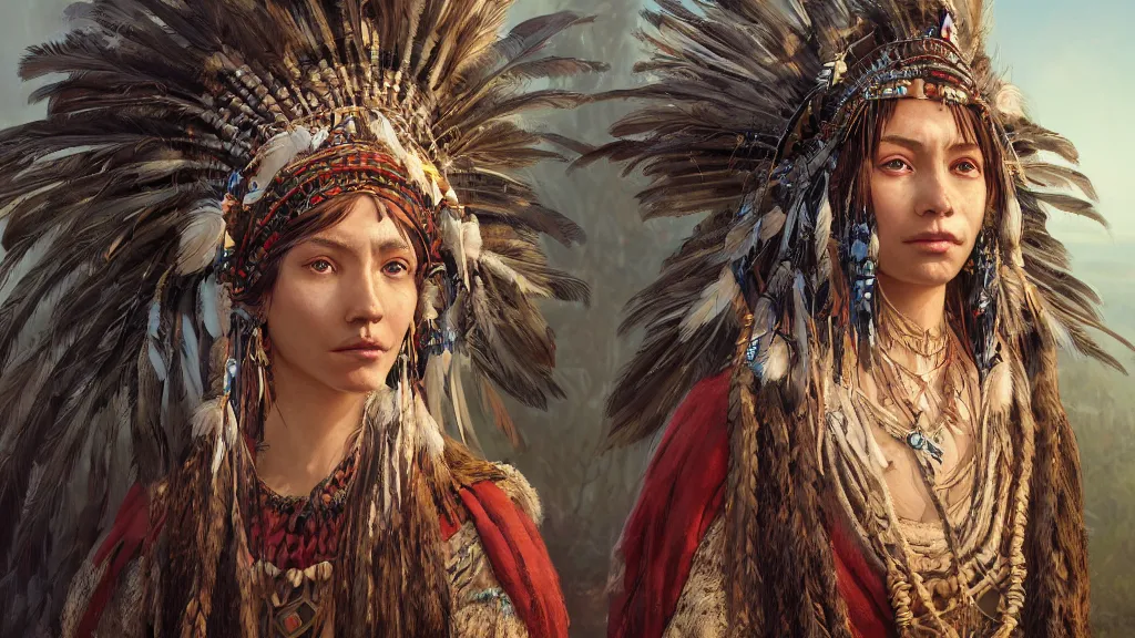 Image similar to highly detailed portrait of a n indigenous woman, feathered headdress, traditional clothing, unreal engine, fantasy art by greg rutkowski, ferdinand knab, makoto shinkai and lois van baarle, ilya kuvshinov, rossdraws, tom bagshaw, global illumination, radiant light, detailed and intricate environment