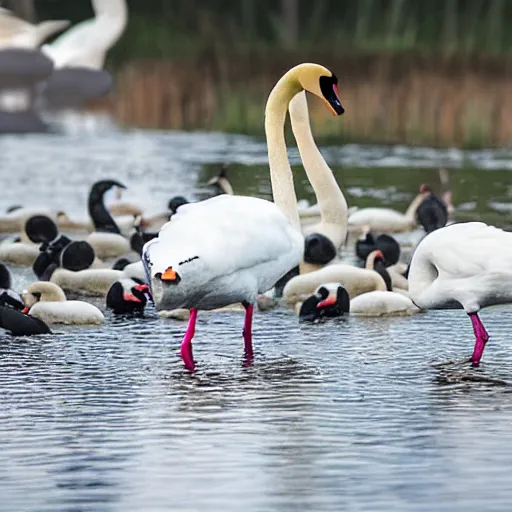 Image similar to Swan with a group of crabs stops the traffic