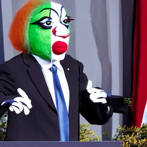 Image similar to president with clown makeup in a podium as the puppet of a human shadow