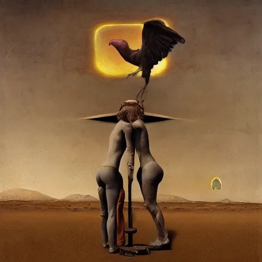 Image similar to Exterior Desert Oasis ripped physique demonic crow wearing a man costume giorgio de chirico Jan Van eyck bastien lecouffe-deharme odd nerdrum dragan bibin john steuart curry