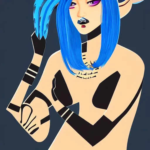 Image similar to illustrated portrait of ram-horned devil woman with blue bob hairstyle and hex #FFA500 colored skin tone and with solid black eyes wearing leather by rossdraws