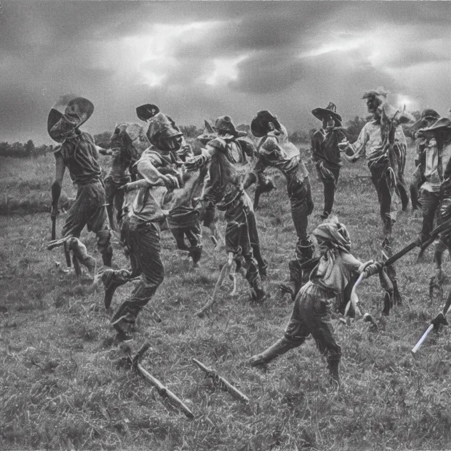 Image similar to circa 1 9 7 0 s restored 1 3 mm film photograph of a group of clowns in a field holding machetes at night, liminal, dark, thunderstorm, dark, flash on, blurry, ominous lighting