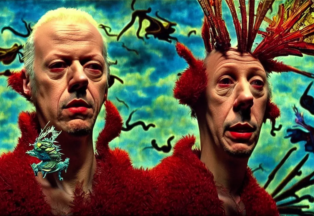 Image similar to realistic detailed portrait movie still of a birdman wearing dark robe, sci fi landscape background by denis villeneuve, amano, yves tanguy, alejandro jodorowsky, alphonse mucha, max ernst, ernst haeckel, roger dean, masterpiece, rich moody colours, snarling dog teeth