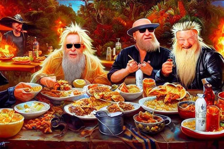 Image similar to rod stewart eating tacos with zz top, an oil painting by ross tran and thomas kincade