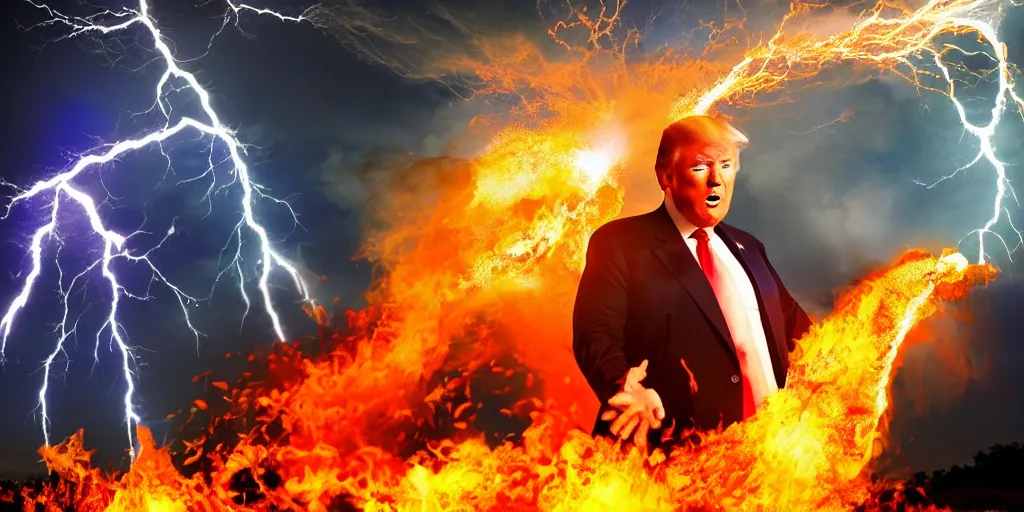 Image similar to donald trump casting fireballs, colorful hd picure, lightning in the background