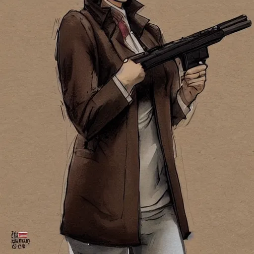 Prompt: artstation, concept art, style kim jung gi, female, human, brown suit vest, longcoat, glasses, short hair, front view, highly detailed, digital art, boy hair, gun, briefcase