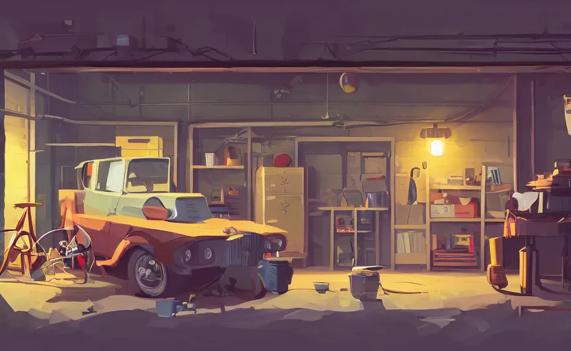 Prompt: village detective in his garage office, workshop, james gilleard, print, game art