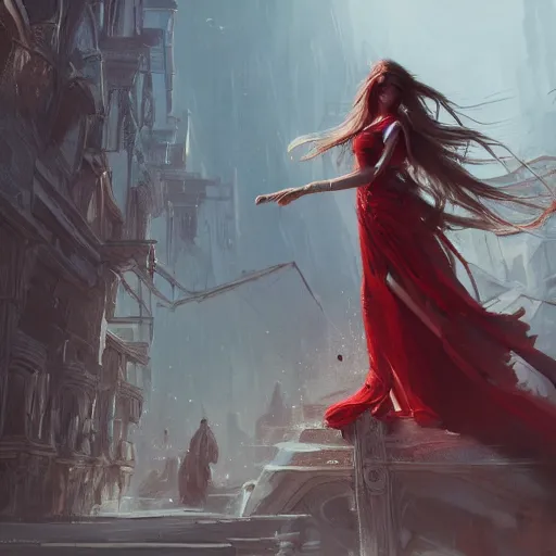 Image similar to a woman with long hair and with red long dress balancing with wind in urban scene, highly detailed, illustration, fantasy art, in the style of greg rutkowski, epic, fantasy, intricate, hyper detailed, artstation, concept art, smooth, sharp focus, ray tracing