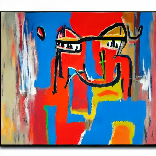 Image similar to abstract oil painting, basquiat style, woman holding hand over face