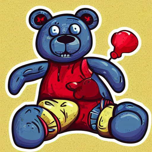 Image similar to Blood thirsty teddy bear from a horror movie, sticker, highly detailed, colorful, illustration, drama, smooth and clean vector curves, no jagged lines, vector art, smooth