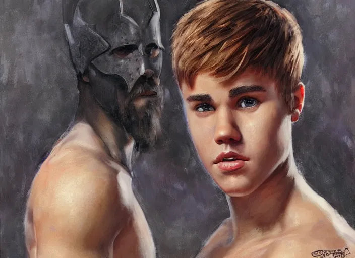 Image similar to a highly detailed beautiful portrait of justin bieber as kratos, by gregory manchess, james gurney, james jean