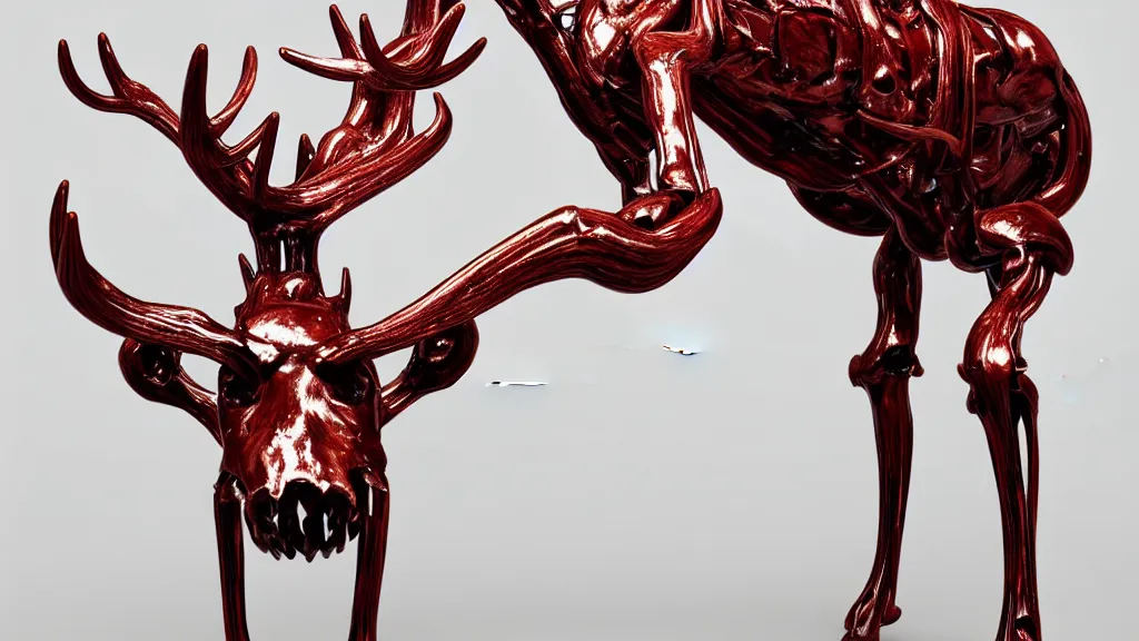 Image similar to stylized shiny polished silver statue full body bizarre extra limbs cosmic horror quadruped animal moose deer skull four legs made of marble of slug worm creature tendrils perfect symmetrical body perfect symmetrical face hyper realistic hyper detailed by johannen voss by michelangelo octane render blender 8 k displayed in pure white studio room anatomical deep red arteries veins flesh animatronic