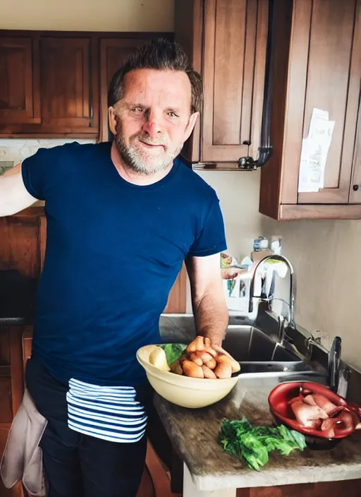 Image similar to an english irish middle aged gentleman with brown moptop hair and red cheeks is in his kitchen. he is clean shaven. he is wearing a dark blue tshirt and shorts. he holds his arms out like chicken wings and dances