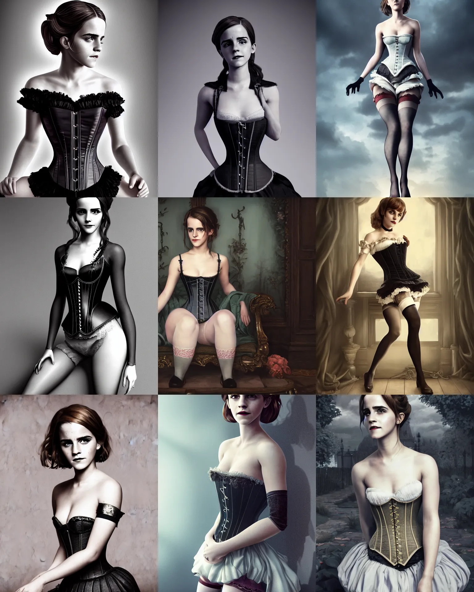 Prompt: full shot portrait painting of very beautiful emma watson standing as maiden in stockings corset noir home, character design by mark ryden and pixar and hayao miyazaki, unreal 5, daz, hyperrealistic, octane render, cosplay, rpg portrait, dynamic lighting, intricate detail, cinematic