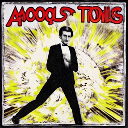 Prompt: Nikola Tesla and Aphex Twin on the moog synthesizer, rolling stones cover