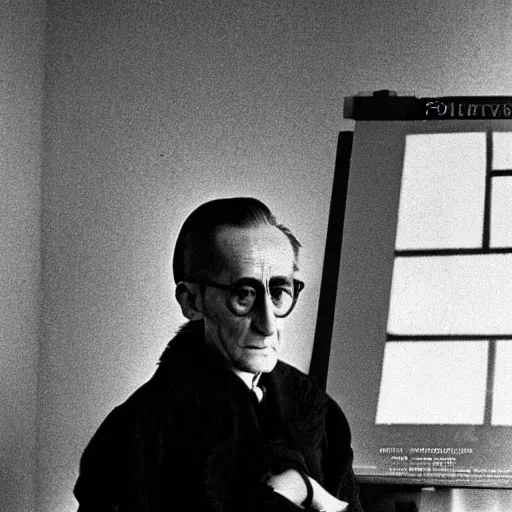 Prompt: underexposed photo of Marcel Duchamp in a room with an ancient machine, Kodachrome, minimal photography, historical event, archival pigment print in the style of Hito Steyerl, contemporary art