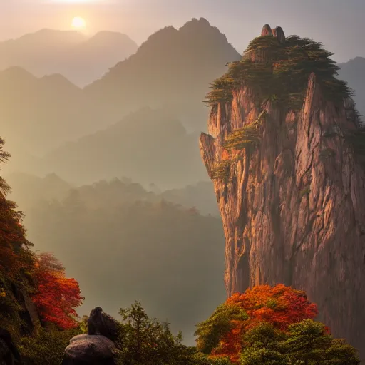 Prompt: huangshan with levitating stones in zero gravity, no trees, ancient redwood forest, taoist temples and monks, artwork by ansel adams, andreas rocha, artstation, scifi, hd, wide angle, viewed from within a stone grotto, autumnal, sunset