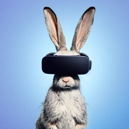 Prompt: a rabbit wearing a vr headset, blue background