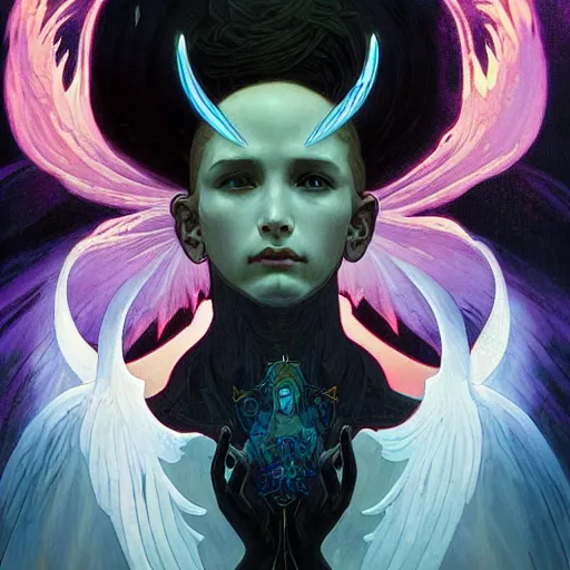 Image similar to A Pixel Art of A beautiful!!!! angel in black flames by Ross Tran!! and alphonse mucha and greg rutkowski! and Zdzisław Beksiński!!.Symmetrical face.dark Fantasy,smooth,hyper detailed,sharp focus,Soft light.4k