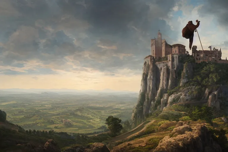 Prompt: an ultra detailed matte landscape painting of an extremely tall and strong young man with short brown hair standing on a cliff overlooking a medieval european capital built on top of many hills, italian renaissance architecture, ultrawide lense, aerial photography, 8 k, volumetric lighting, smooth, highly detailed, digital illustration, art by greg rutkowski and akira toriyama and artgerm