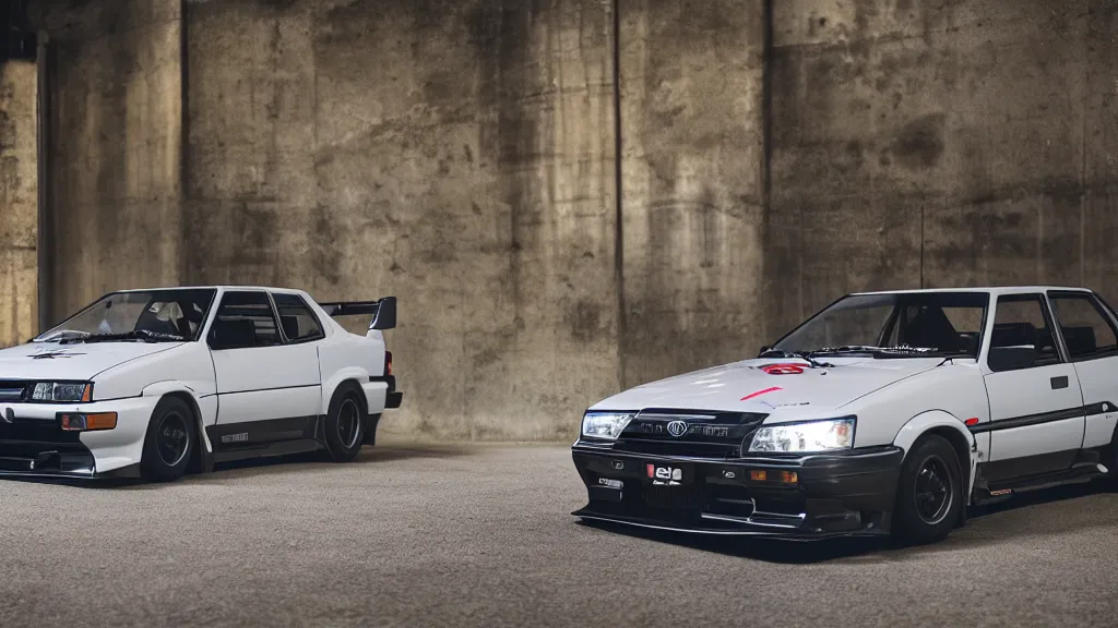 Prompt: toyota sprinter trueno 3 door gt - apex with popup headlights, cinematic, nikon d 7 5 0, long exposure, white balance, 8 k, led, lumen global illumination, fog, ray tracing reflections, fxaa, rtx, post - production