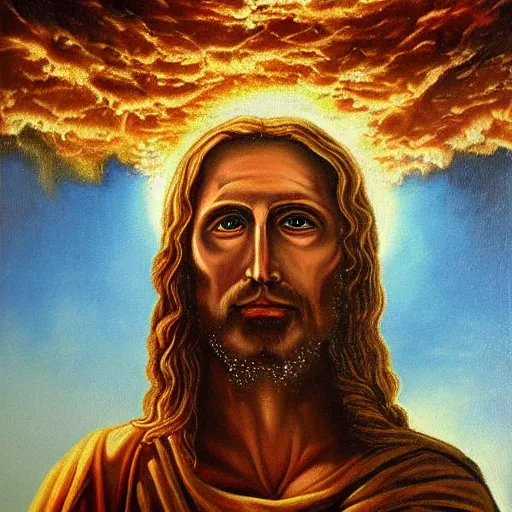 Prompt: a highly detailed oil painting of Jesus Christ with skull instead of face, standing inside the epicenter of thermonuclear blast mushroom on blue earth planet, going away, refusing to save humanity