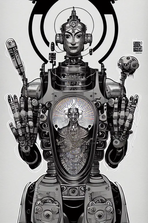 Image similar to a study of cell shaded illustration of a cyborg robot Avalokiteshvara , golden ratio, character concept art by character concept art by Shepard Fairey, james jean, Mike Mignola, Laurie Greasley, highly detailed, sharp focus, sharp linework, clean strokes, motherboard, Artstation, deviantart, artgem